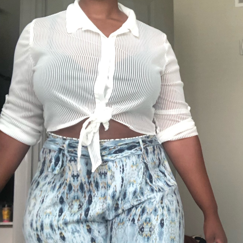 White mesh button down crop top